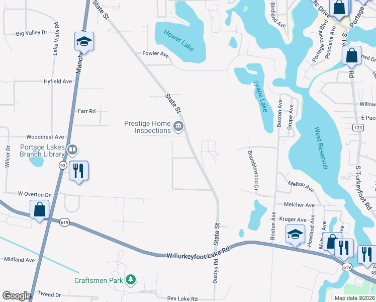 map of restaurants, bars, coffee shops, grocery stores, and more near 4220 State Street in Akron