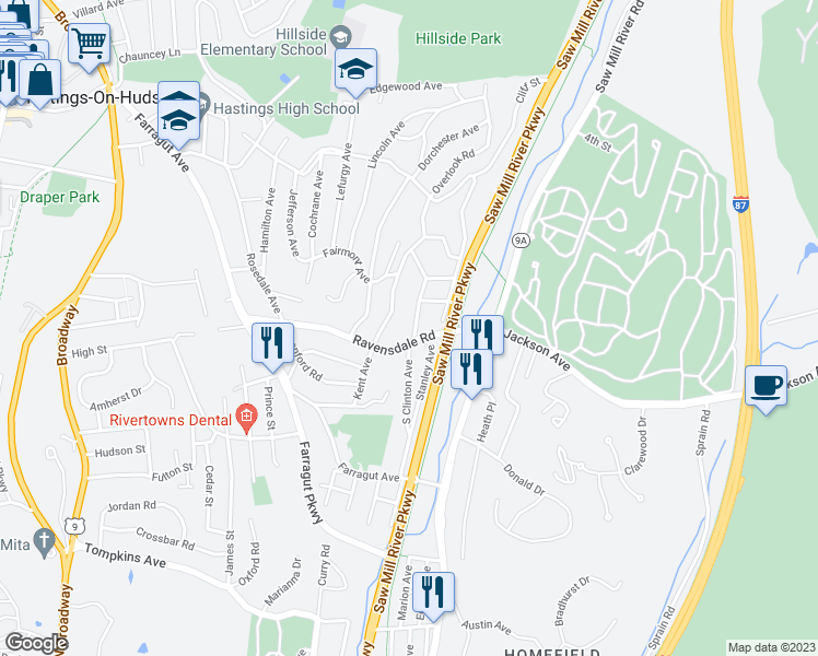 map of restaurants, bars, coffee shops, grocery stores, and more near 14 Clinton Avenue in Hastings-on-Hudson