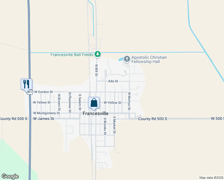 map of restaurants, bars, coffee shops, grocery stores, and more near 236 East Gordon Street in Francesville