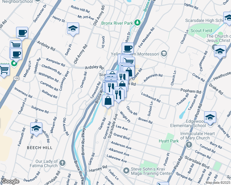 map of restaurants, bars, coffee shops, grocery stores, and more near 14 Freightway in Scarsdale