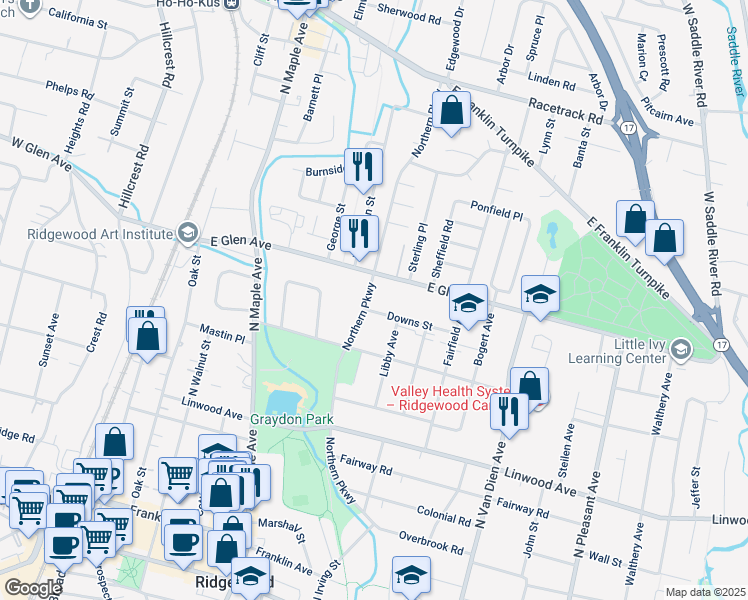 map of restaurants, bars, coffee shops, grocery stores, and more near 349 Northern Parkway in Ridgewood