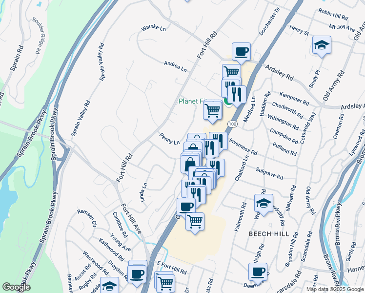map of restaurants, bars, coffee shops, grocery stores, and more near 30 Penny Lane in Scarsdale