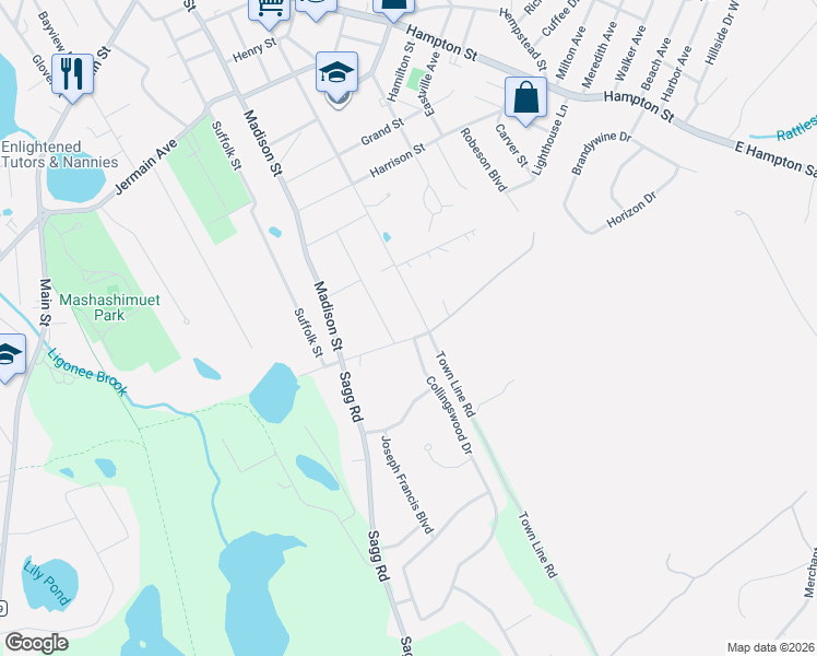 map of restaurants, bars, coffee shops, grocery stores, and more near 45 Denison Road in Sag Harbor