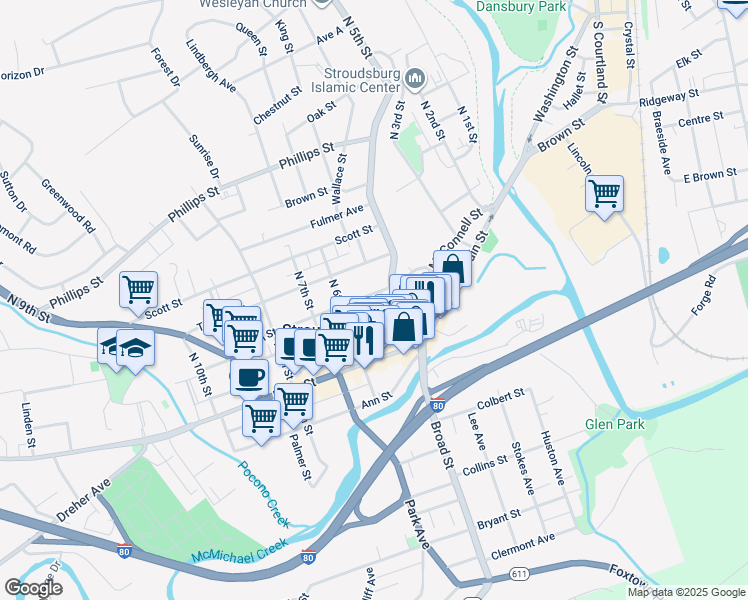 map of restaurants, bars, coffee shops, grocery stores, and more near 505 Sarah Street in Stroudsburg