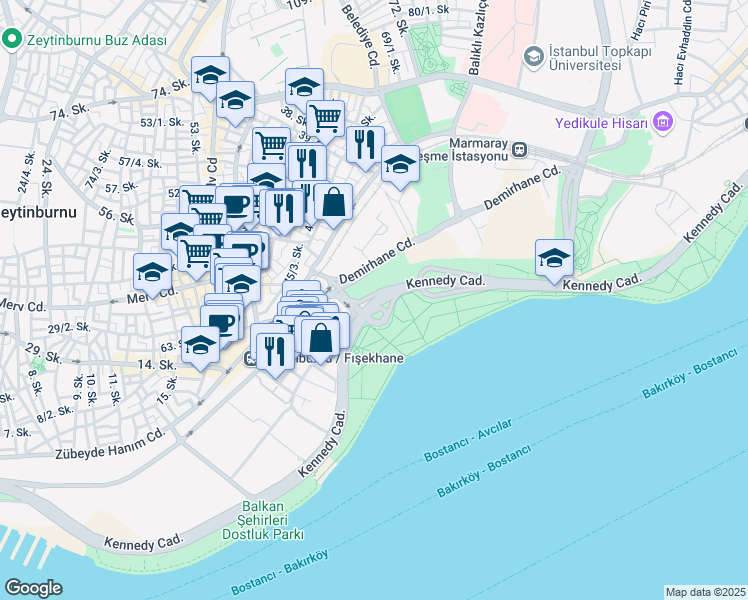 map of restaurants, bars, coffee shops, grocery stores, and more near Kennedy Avenue in Istanbul