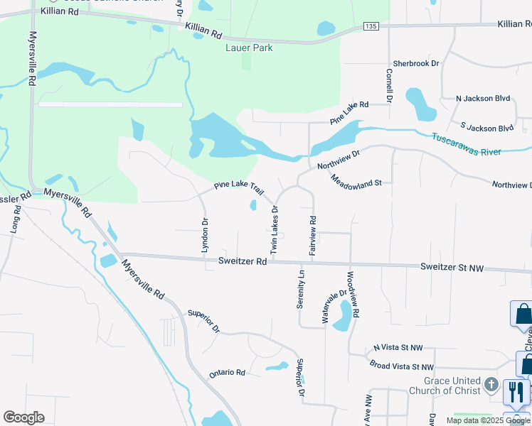 map of restaurants, bars, coffee shops, grocery stores, and more near 2448-2452 Twin Lakes Drive in Uniontown