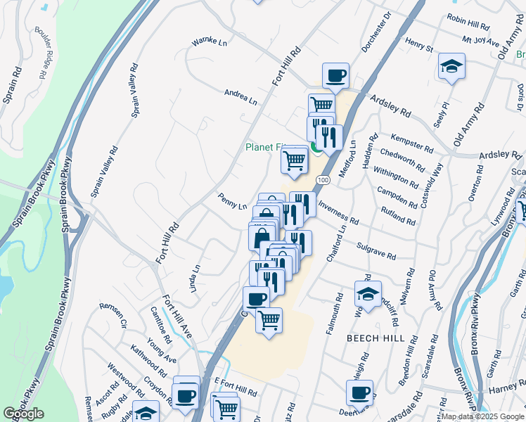 map of restaurants, bars, coffee shops, grocery stores, and more near 30 Penny Lane in Scarsdale