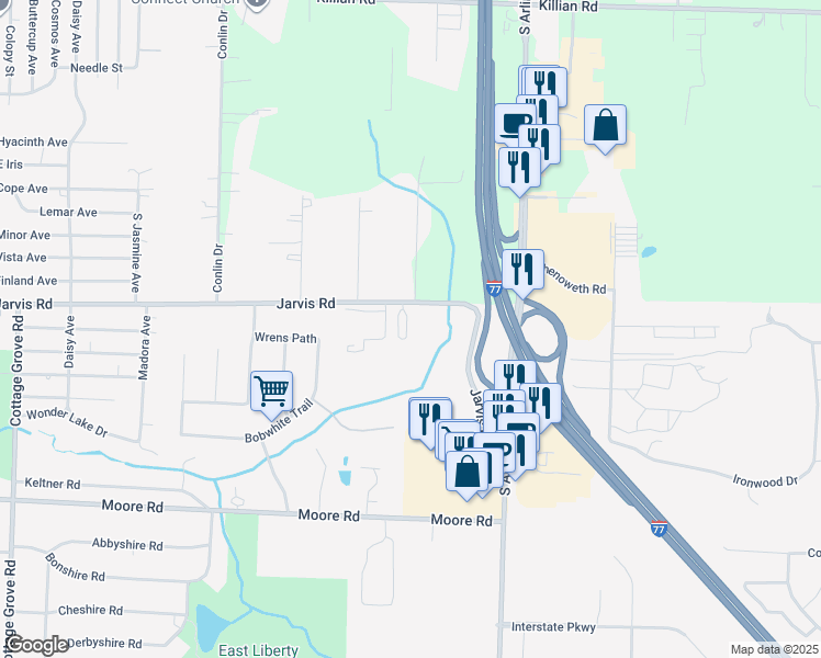 map of restaurants, bars, coffee shops, grocery stores, and more near 3272 Grey Village Drive in Akron