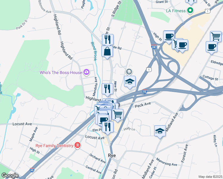 map of restaurants, bars, coffee shops, grocery stores, and more near 141 Purchase Street in Rye