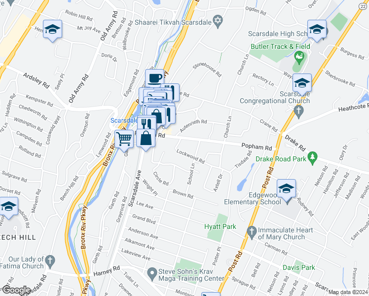 map of restaurants, bars, coffee shops, grocery stores, and more near 25 School Lane in Scarsdale
