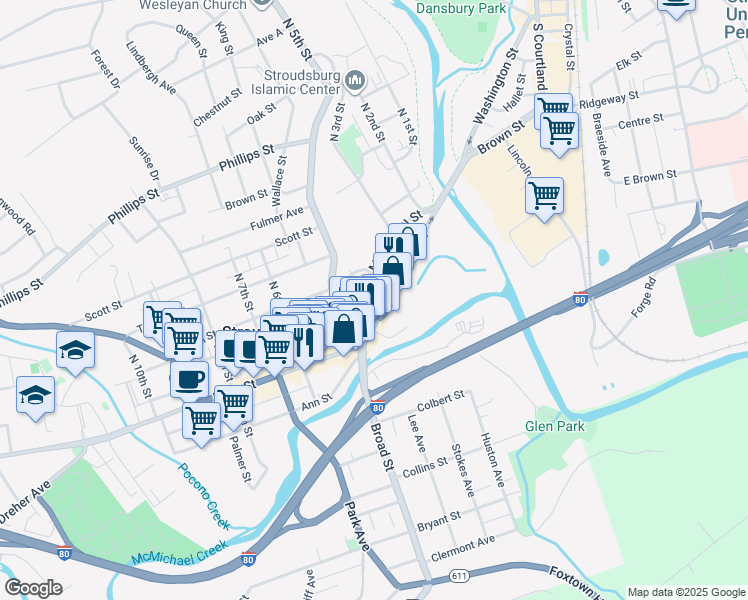 map of restaurants, bars, coffee shops, grocery stores, and more near 400 Main Street in Stroudsburg