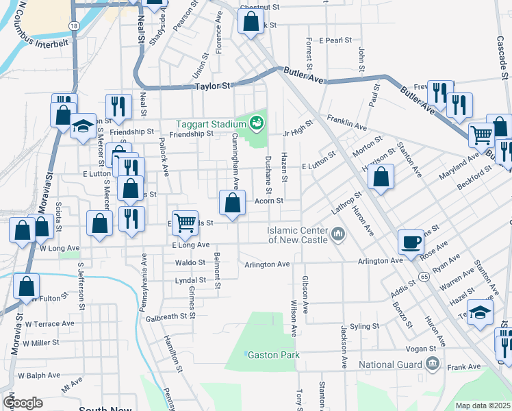 map of restaurants, bars, coffee shops, grocery stores, and more near 616 Acorn Street in New Castle