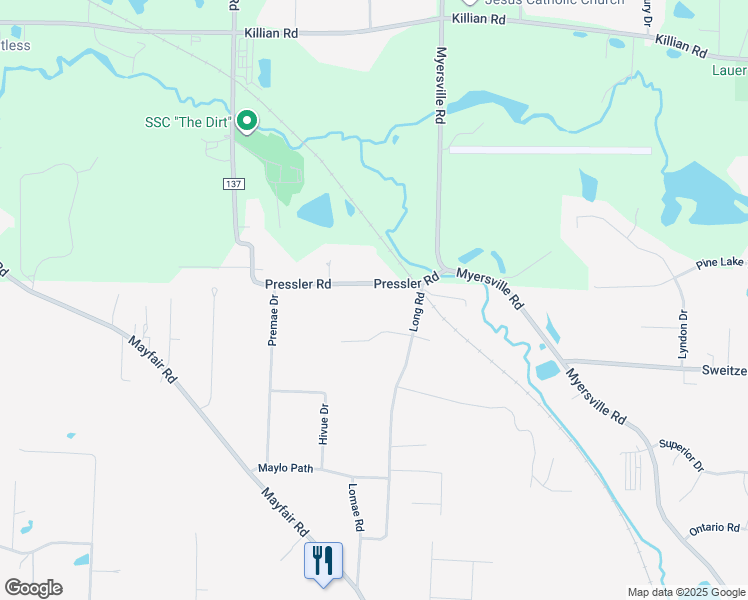 map of restaurants, bars, coffee shops, grocery stores, and more near 2932 Pressler Road in Uniontown