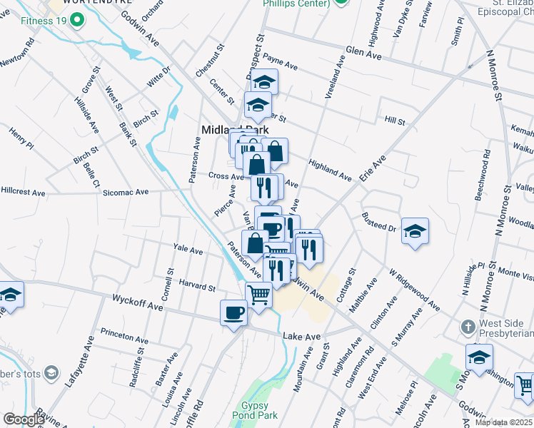 map of restaurants, bars, coffee shops, grocery stores, and more near 171 Godwin Avenue in Midland Park