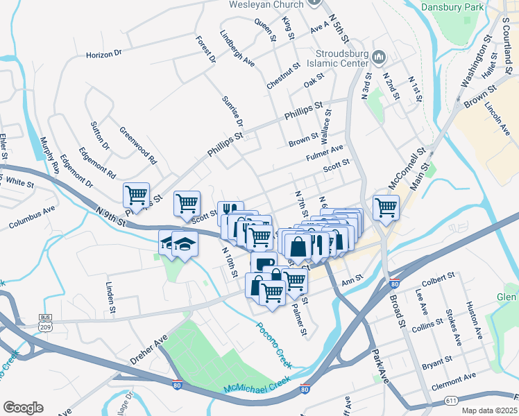 map of restaurants, bars, coffee shops, grocery stores, and more near 812 Thomas Street in Stroudsburg