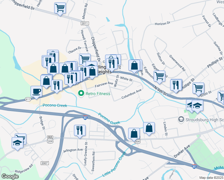 map of restaurants, bars, coffee shops, grocery stores, and more near 917 Church Street in Stroudsburg
