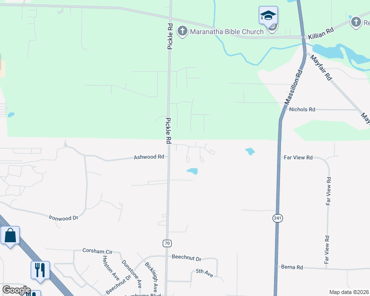 map of restaurants, bars, coffee shops, grocery stores, and more near 2814 Stratford Circle in Akron
