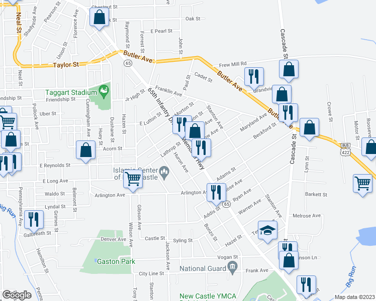 map of restaurants, bars, coffee shops, grocery stores, and more near 1214 East Washington Street in New Castle