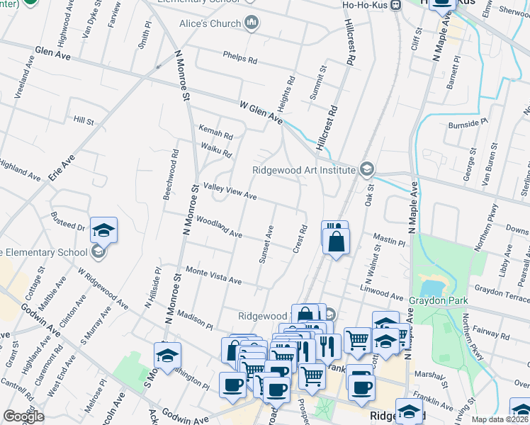 map of restaurants, bars, coffee shops, grocery stores, and more near 224 Sunset Avenue in Ridgewood