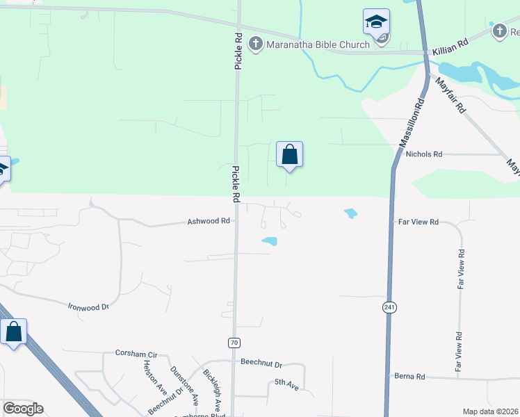 map of restaurants, bars, coffee shops, grocery stores, and more near 2814 Stratford Circle in Akron