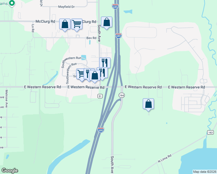 map of restaurants, bars, coffee shops, grocery stores, and more near 1040 East Western Reserve Road in Youngstown