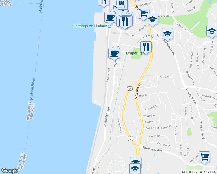 map of restaurants, bars, coffee shops, grocery stores, and more near 12 Southside Avenue in Hastings-on-Hudson