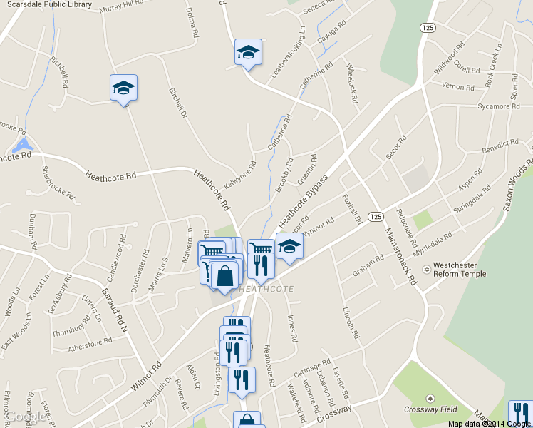 map of restaurants, bars, coffee shops, grocery stores, and more near 22 Brookby Road in Scarsdale