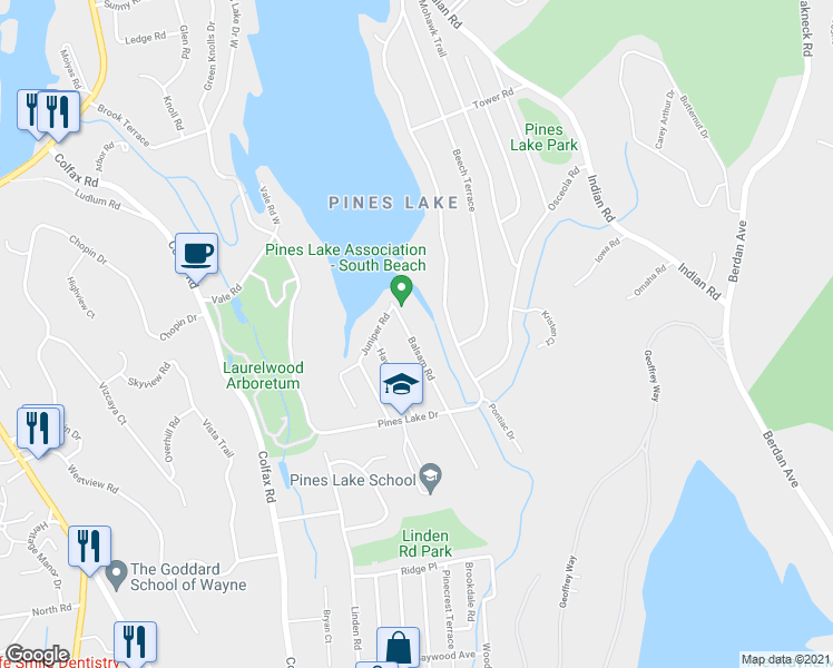 map of restaurants, bars, coffee shops, grocery stores, and more near 43 Balsam Road in Wayne