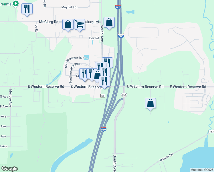map of restaurants, bars, coffee shops, grocery stores, and more near 1020 East Western Reserve Road in Youngstown