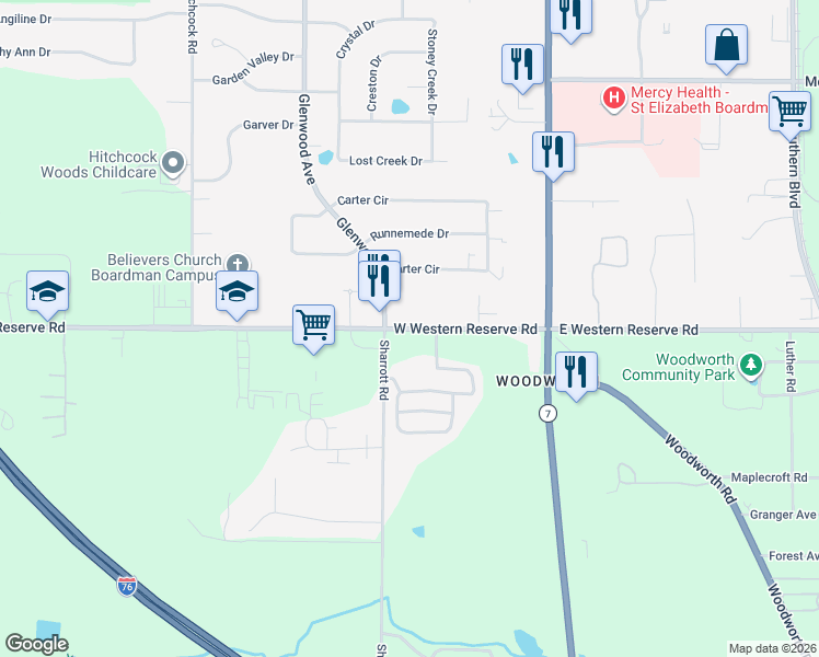 map of restaurants, bars, coffee shops, grocery stores, and more near 89-119 W Western Reserve Rd in Boardman