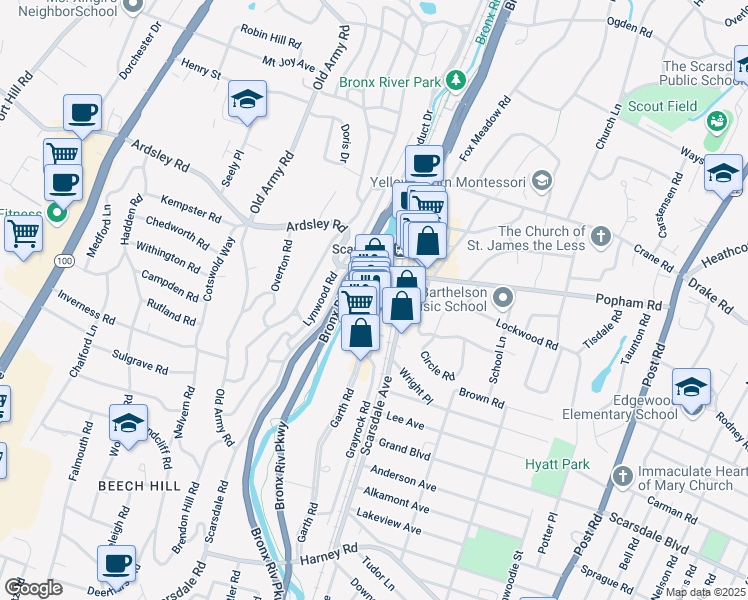 map of restaurants, bars, coffee shops, grocery stores, and more near 61 Garth Road in Scarsdale