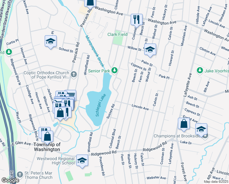 map of restaurants, bars, coffee shops, grocery stores, and more near 190 Sussex Road in Township of Washington