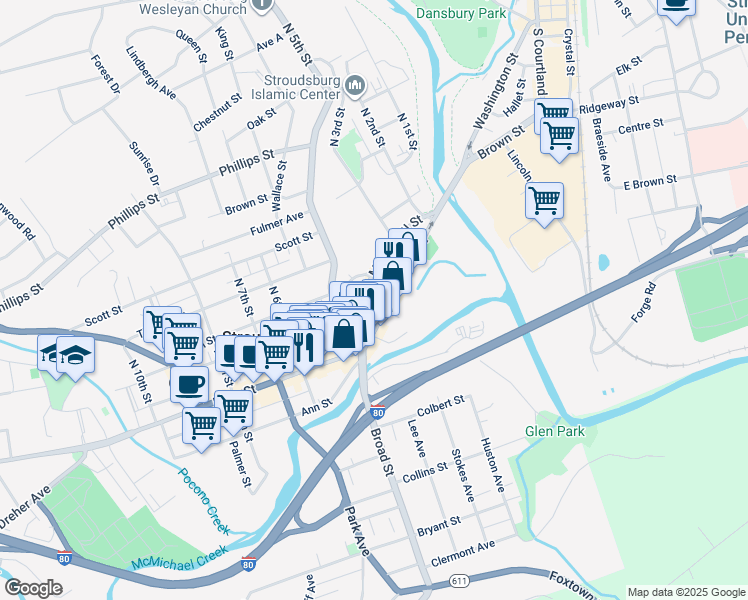 map of restaurants, bars, coffee shops, grocery stores, and more near 10 North 4th Street in Stroudsburg