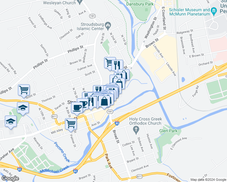 map of restaurants, bars, coffee shops, grocery stores, and more near 10 North 4th Street in Stroudsburg