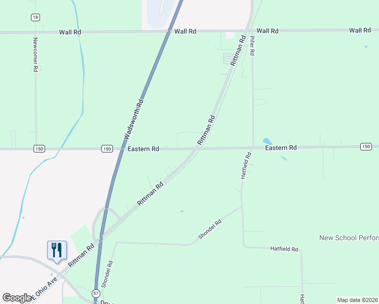 map of restaurants, bars, coffee shops, grocery stores, and more near 1827 County Highway 150 in Rittman