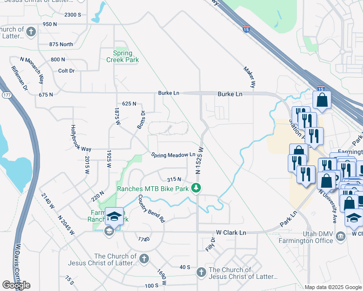 map of restaurants, bars, coffee shops, grocery stores, and more near 1622 Spring Meadow Lane in Farmington