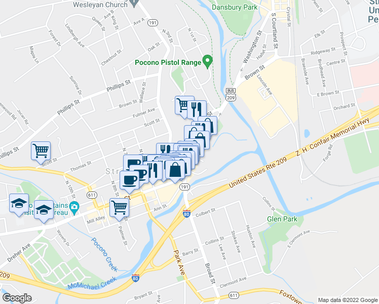 map of restaurants, bars, coffee shops, grocery stores, and more near 12 North 4th Street in Stroudsburg