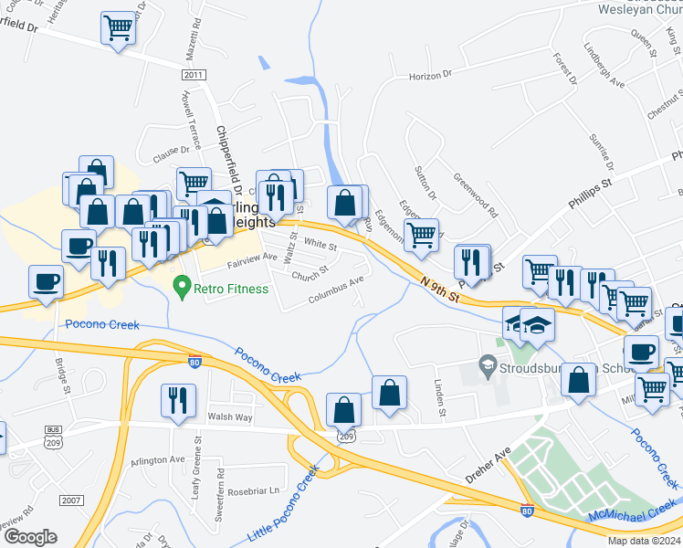 map of restaurants, bars, coffee shops, grocery stores, and more near 802 Columbus Avenue in Stroudsburg