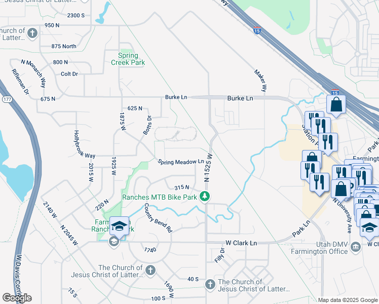map of restaurants, bars, coffee shops, grocery stores, and more near 1622 Spring Meadow Lane in Farmington