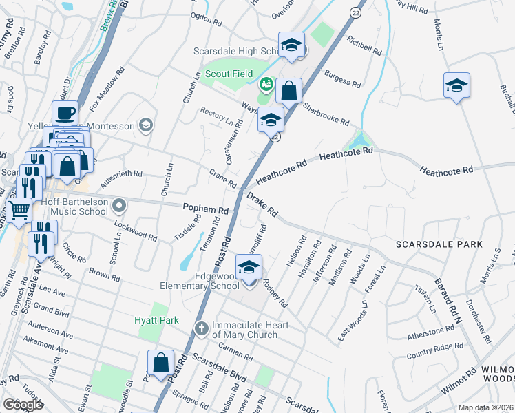 map of restaurants, bars, coffee shops, grocery stores, and more near 43 Ferncliff Road in Scarsdale