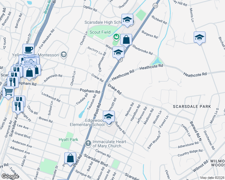map of restaurants, bars, coffee shops, grocery stores, and more near 43 Ferncliff Road in Scarsdale