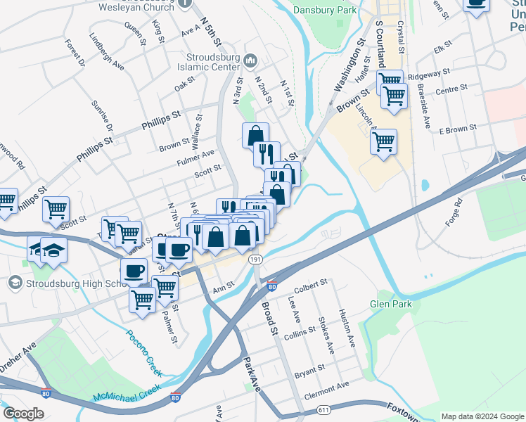 map of restaurants, bars, coffee shops, grocery stores, and more near 12 North 4th Street in Stroudsburg