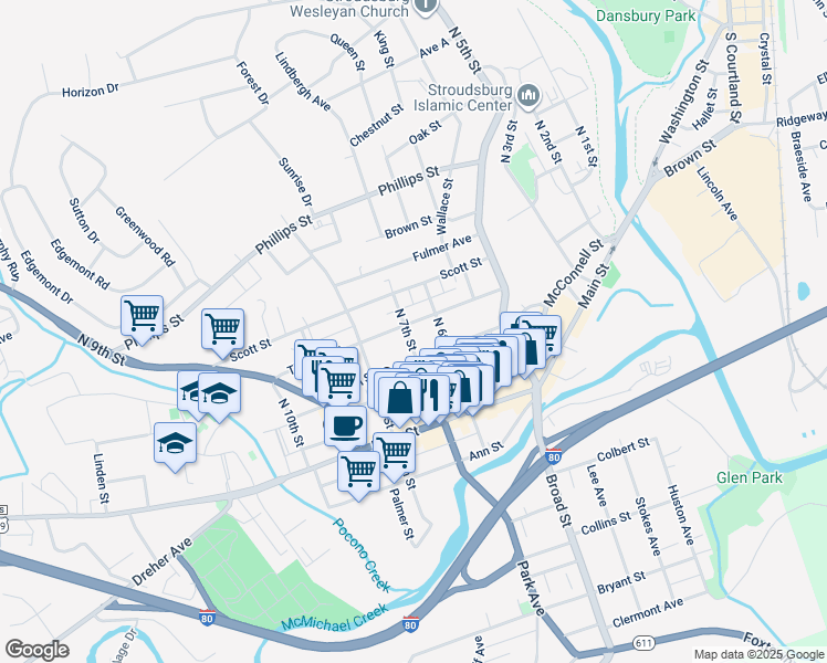 map of restaurants, bars, coffee shops, grocery stores, and more near in Stroudsburg