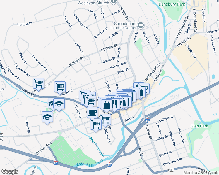 map of restaurants, bars, coffee shops, grocery stores, and more near in Stroudsburg