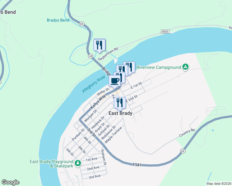map of restaurants, bars, coffee shops, grocery stores, and more near 402 Purdum Street in East Brady