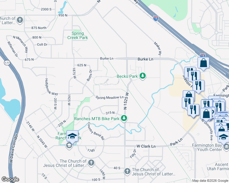 map of restaurants, bars, coffee shops, grocery stores, and more near 1633 West Alpenglow Circle in Farmington