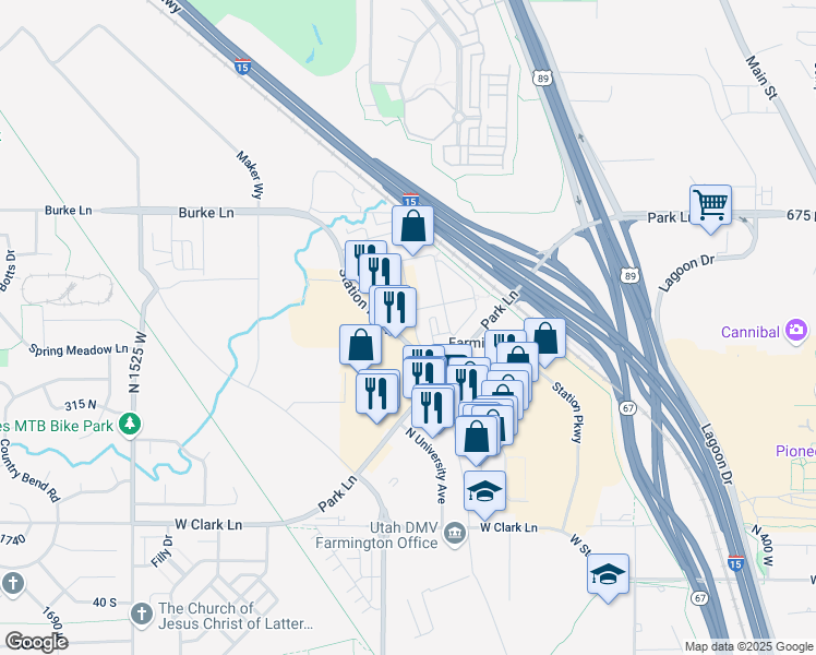 map of restaurants, bars, coffee shops, grocery stores, and more near 1067W Grand Avenue in Farmington