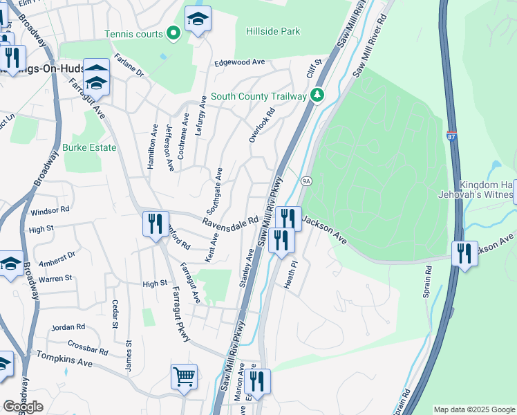map of restaurants, bars, coffee shops, grocery stores, and more near 14 Clinton Avenue in Hastings-on-Hudson