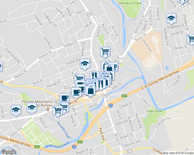 map of restaurants, bars, coffee shops, grocery stores, and more near 17 North 5th Street in Stroudsburg