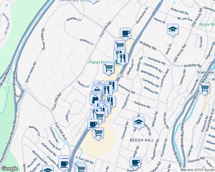 map of restaurants, bars, coffee shops, grocery stores, and more near 1075 Central Park Avenue in Scarsdale